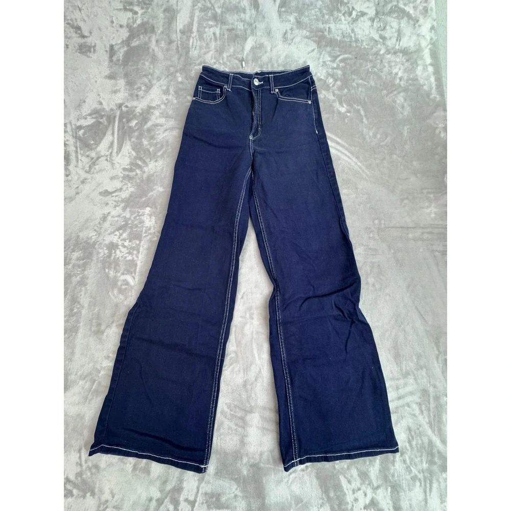 H&M Divided Navy Wide Leg Jeans‎ High Rise Stitch Detail Women US 4 EUR 36